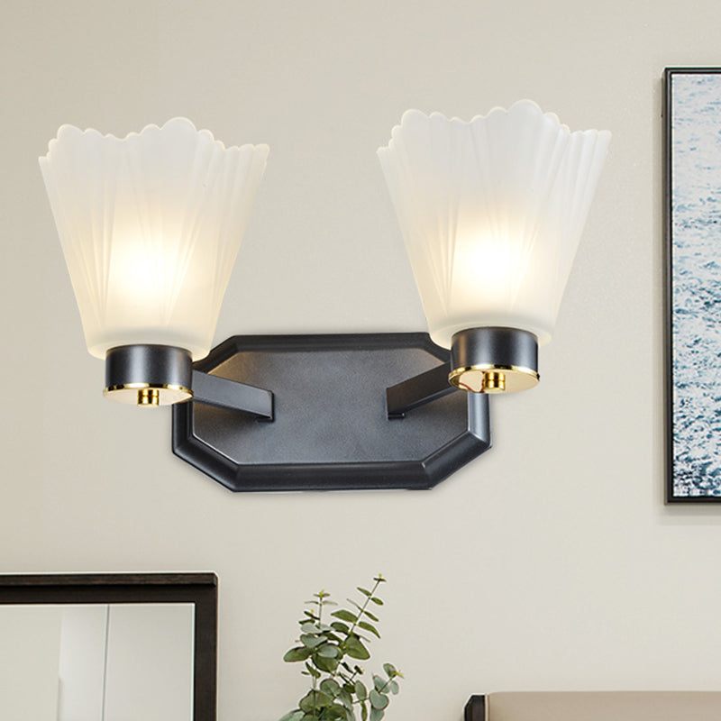 Tapered Milk Glass Wall Lighting Retro 1/2 Bulbs Living Room Wall Light in Black with Metal Straight Arm 2.0 Black Clearhalo 'Wall Lamps & Sconces' 'Wall Lights' Lighting' 815234