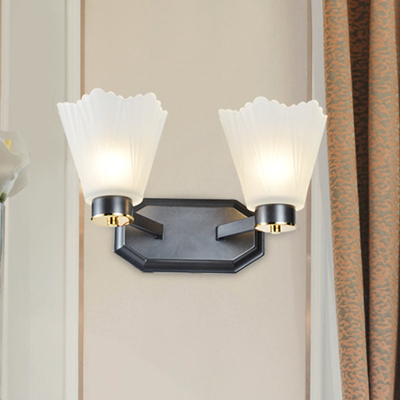 Tapered Milk Glass Wall Lighting Retro 1/2 Bulbs Living Room Wall Light in Black with Metal Straight Arm Clearhalo 'Wall Lamps & Sconces' 'Wall Lights' Lighting' 815235