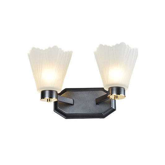 Tapered Milk Glass Wall Lighting Retro 1/2 Bulbs Living Room Wall Light in Black with Metal Straight Arm Clearhalo 'Wall Lamps & Sconces' 'Wall Lights' Lighting' 815236