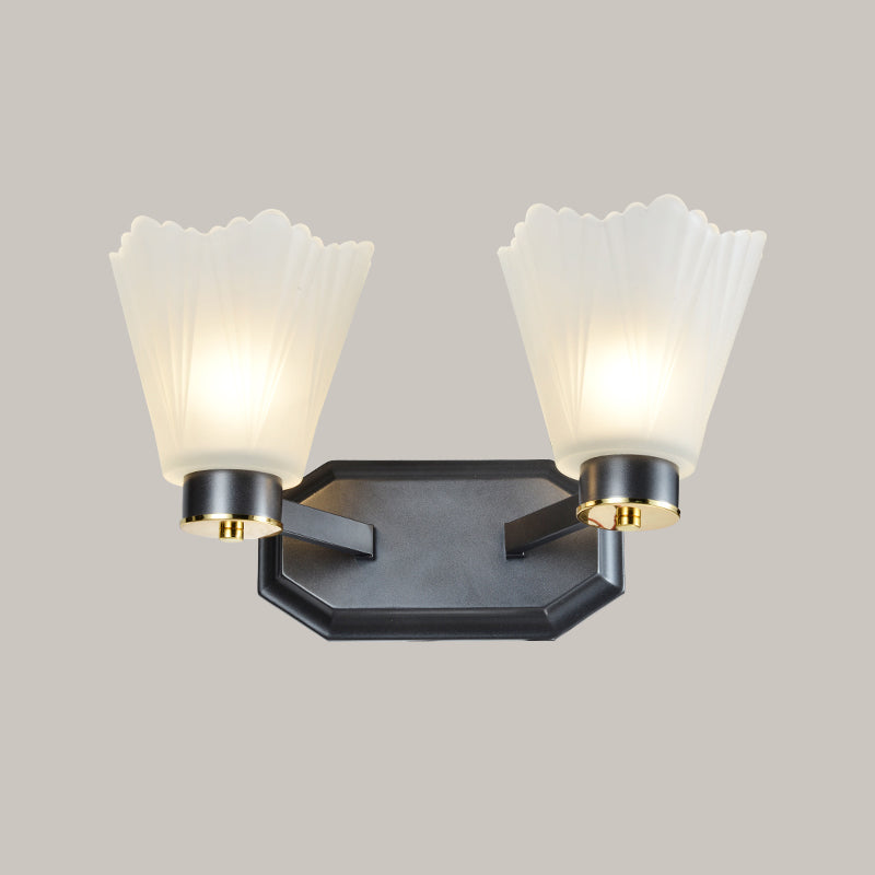 Tapered Milk Glass Wall Lighting Retro 1/2 Bulbs Living Room Wall Light in Black with Metal Straight Arm Clearhalo 'Wall Lamps & Sconces' 'Wall Lights' Lighting' 815237