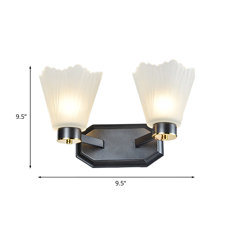 Tapered Milk Glass Wall Lighting Retro 1/2 Bulbs Living Room Wall Light in Black with Metal Straight Arm Clearhalo 'Wall Lamps & Sconces' 'Wall Lights' Lighting' 815238