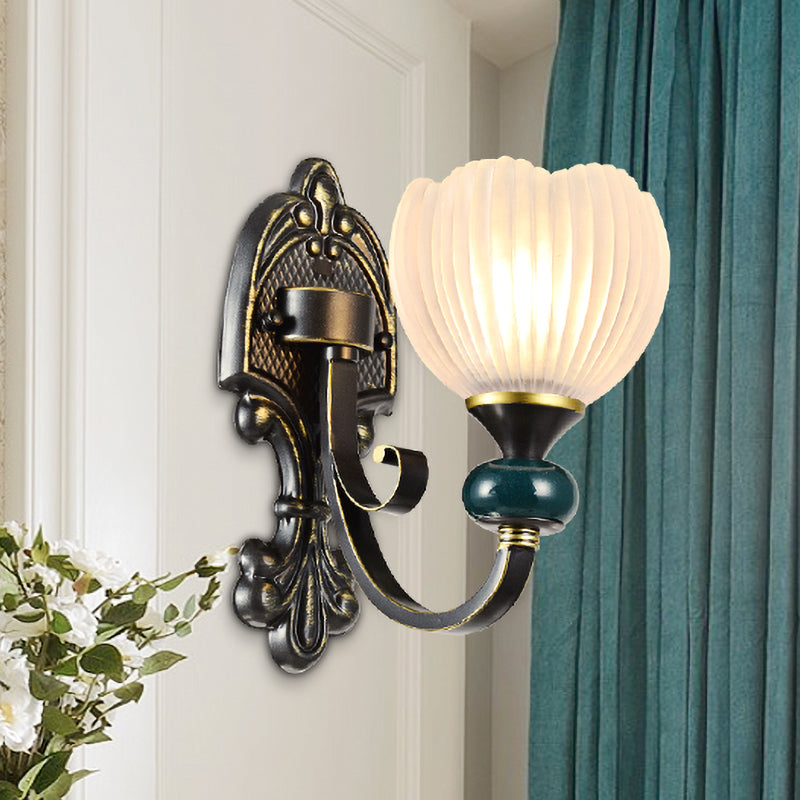 Brass Bud Wall Sconce Lighting Traditional Ribbed Glass 1/2-Head Living Room Wall Lamp Fixture Clearhalo 'Wall Lamps & Sconces' 'Wall Lights' Lighting' 815240