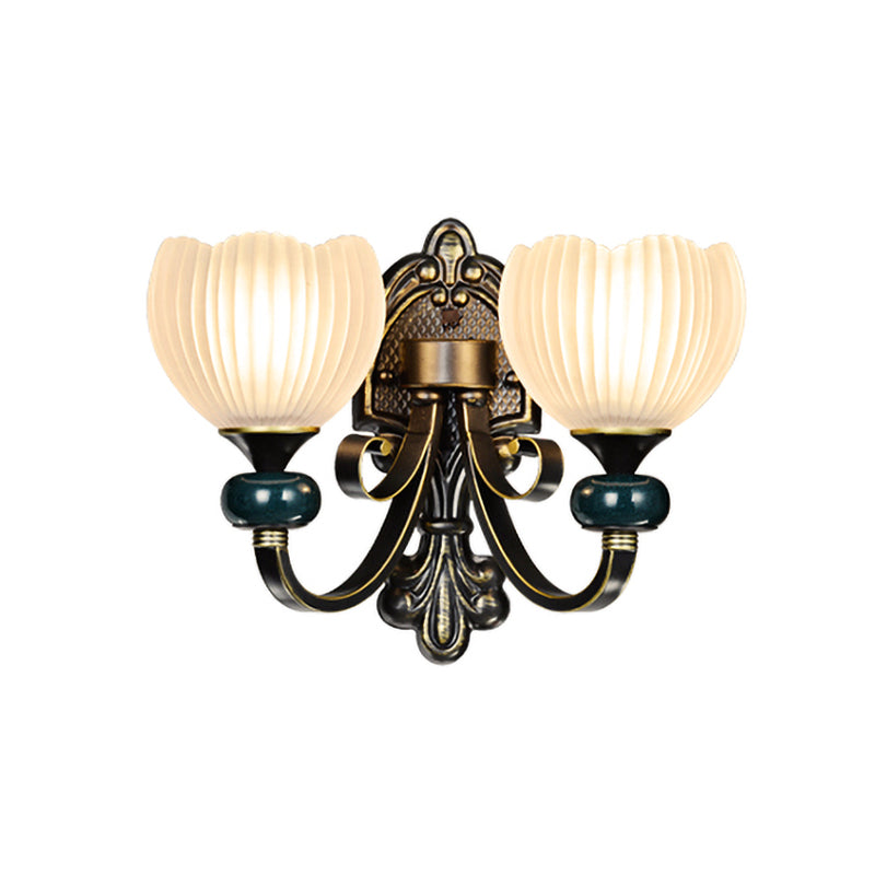 Brass Bud Wall Sconce Lighting Traditional Ribbed Glass 1/2-Head Living Room Wall Lamp Fixture Clearhalo 'Wall Lamps & Sconces' 'Wall Lights' Lighting' 815245