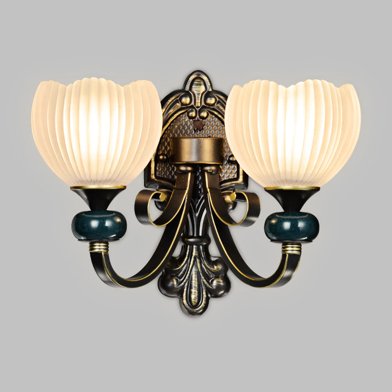 Brass Bud Wall Sconce Lighting Traditional Ribbed Glass 1/2-Head Living Room Wall Lamp Fixture Clearhalo 'Wall Lamps & Sconces' 'Wall Lights' Lighting' 815246