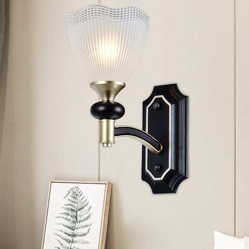 Traditionalism Flower Wall Light 1/2-Bulb Prismatic White Glass Wall Sconce Lamp in Black 1.0 Black Clearhalo 'Wall Lamps & Sconces' 'Wall Lights' Lighting' 815248