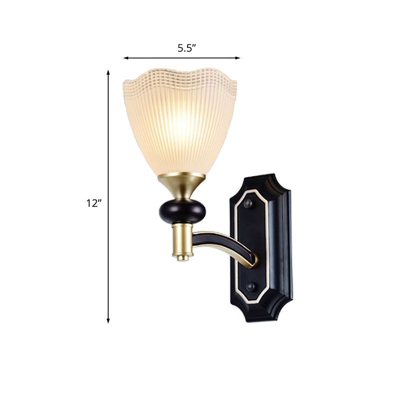 Traditionalism Flower Wall Light 1/2-Bulb Prismatic White Glass Wall Sconce Lamp in Black Clearhalo 'Wall Lamps & Sconces' 'Wall Lights' Lighting' 815251