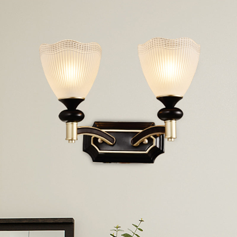 Traditionalism Flower Wall Light 1/2-Bulb Prismatic White Glass Wall Sconce Lamp in Black 2.0 Black Clearhalo 'Wall Lamps & Sconces' 'Wall Lights' Lighting' 815252