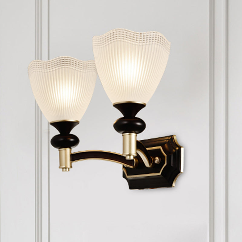 Traditionalism Flower Wall Light 1/2-Bulb Prismatic White Glass Wall Sconce Lamp in Black Clearhalo 'Wall Lamps & Sconces' 'Wall Lights' Lighting' 815254