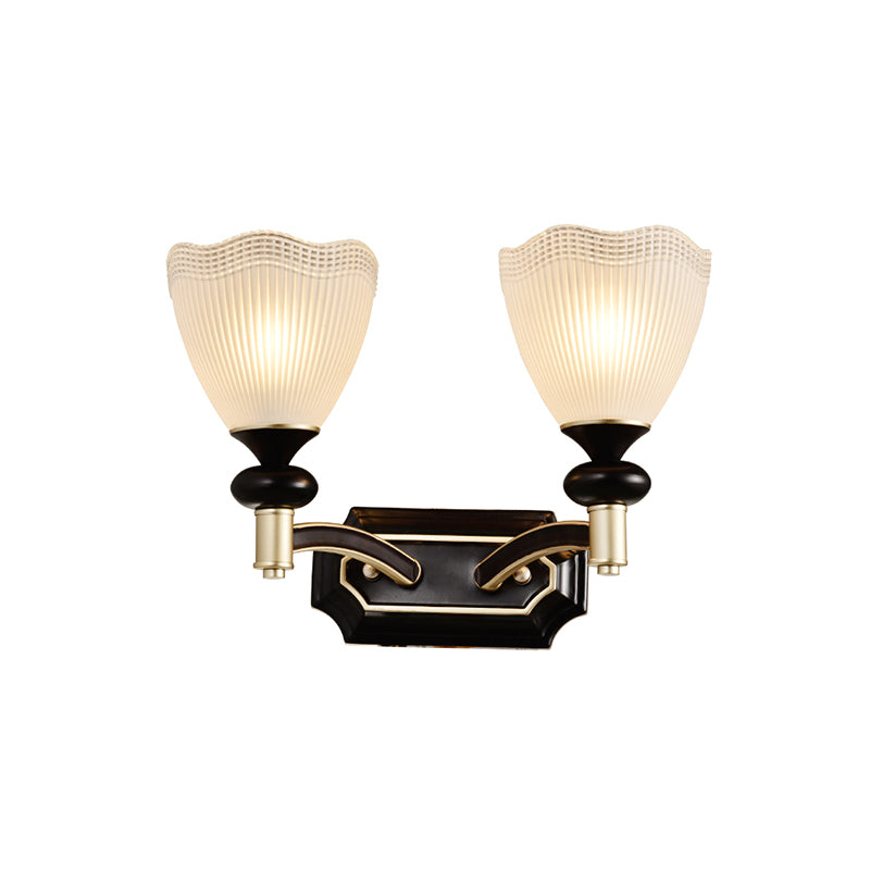 Traditionalism Flower Wall Light 1/2-Bulb Prismatic White Glass Wall Sconce Lamp in Black Clearhalo 'Wall Lamps & Sconces' 'Wall Lights' Lighting' 815255