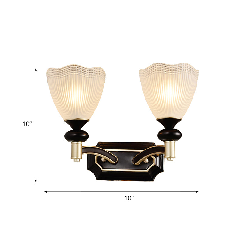 Traditionalism Flower Wall Light 1/2-Bulb Prismatic White Glass Wall Sconce Lamp in Black Clearhalo 'Wall Lamps & Sconces' 'Wall Lights' Lighting' 815256