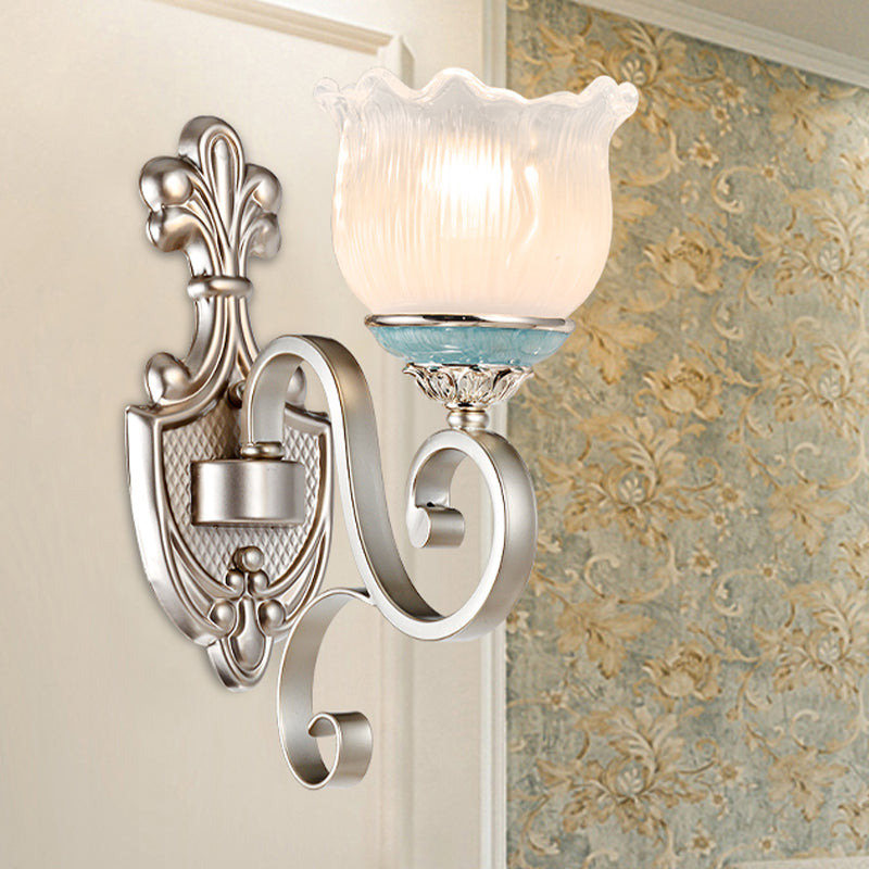 Silver 1/2-Head Wall Lighting Traditional Cream Glass Blossom Wall Sconce Light with Scrolled Arm 1.0 Silver Clearhalo 'Wall Lamps & Sconces' 'Wall Lights' Lighting' 815257