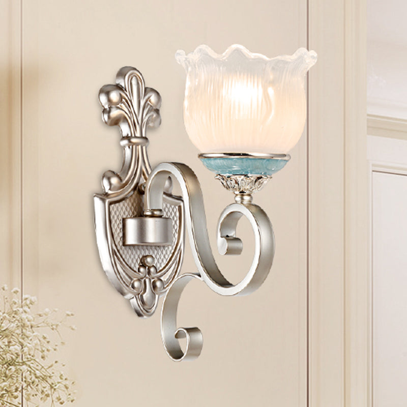 Silver 1/2-Head Wall Lighting Traditional Cream Glass Blossom Wall Sconce Light with Scrolled Arm Clearhalo 'Wall Lamps & Sconces' 'Wall Lights' Lighting' 815258