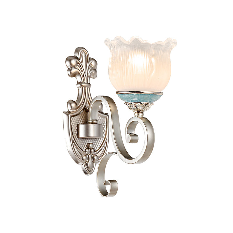 Silver 1/2-Head Wall Lighting Traditional Cream Glass Blossom Wall Sconce Light with Scrolled Arm Clearhalo 'Wall Lamps & Sconces' 'Wall Lights' Lighting' 815259