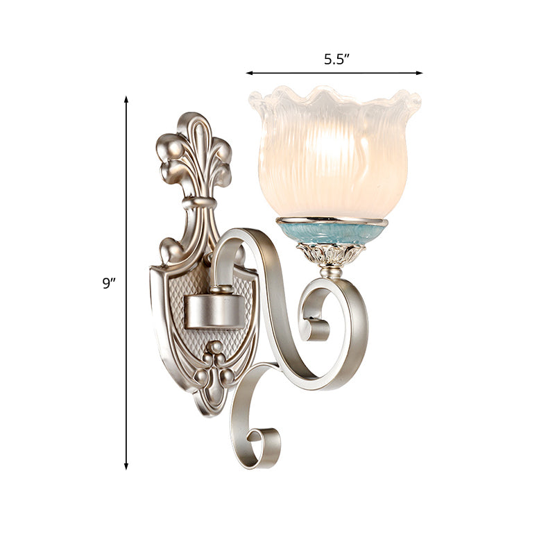 Silver 1/2-Head Wall Lighting Traditional Cream Glass Blossom Wall Sconce Light with Scrolled Arm Clearhalo 'Wall Lamps & Sconces' 'Wall Lights' Lighting' 815260