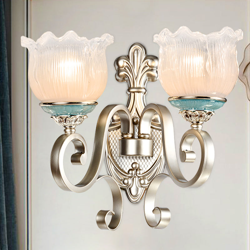 Silver 1/2-Head Wall Lighting Traditional Cream Glass Blossom Wall Sconce Light with Scrolled Arm 2.0 Silver Clearhalo 'Wall Lamps & Sconces' 'Wall Lights' Lighting' 815261