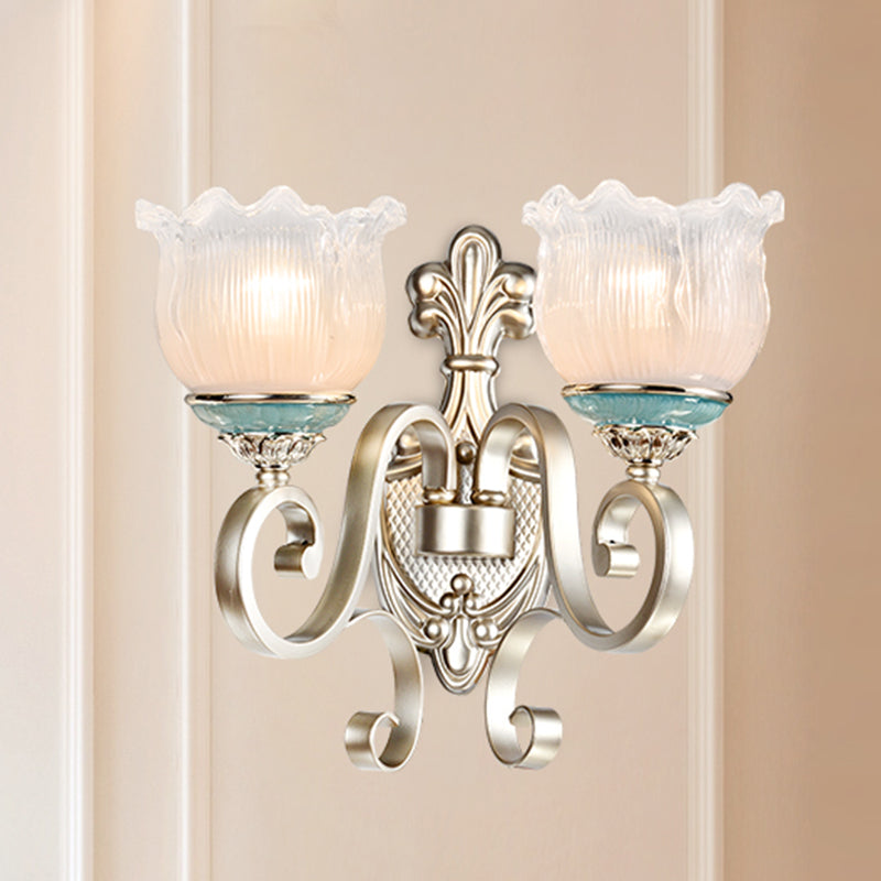 Silver 1/2-Head Wall Lighting Traditional Cream Glass Blossom Wall Sconce Light with Scrolled Arm Clearhalo 'Wall Lamps & Sconces' 'Wall Lights' Lighting' 815262