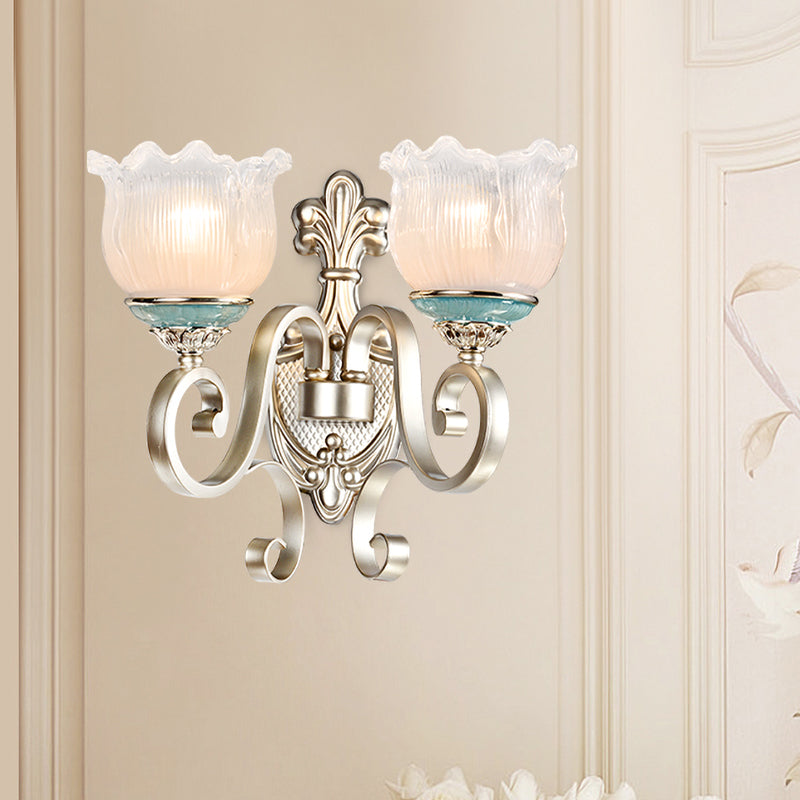 Silver 1/2-Head Wall Lighting Traditional Cream Glass Blossom Wall Sconce Light with Scrolled Arm Clearhalo 'Wall Lamps & Sconces' 'Wall Lights' Lighting' 815263