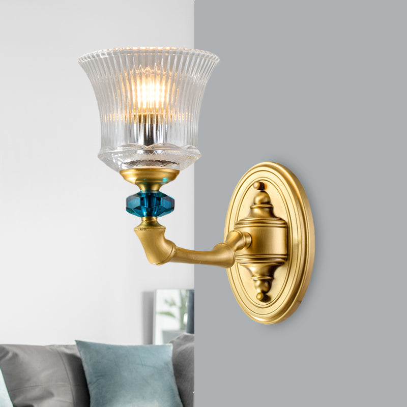 Gold Flared Wall Mount Light Classic Clear Ribbed Glass 1 Light Living Room Wall Lighting Clearhalo 'Wall Lamps & Sconces' 'Wall Lights' Lighting' 815271