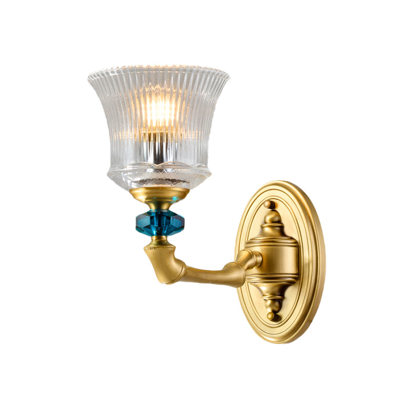 Gold Flared Wall Mount Light Classic Clear Ribbed Glass 1 Light Living Room Wall Lighting Clearhalo 'Wall Lamps & Sconces' 'Wall Lights' Lighting' 815272