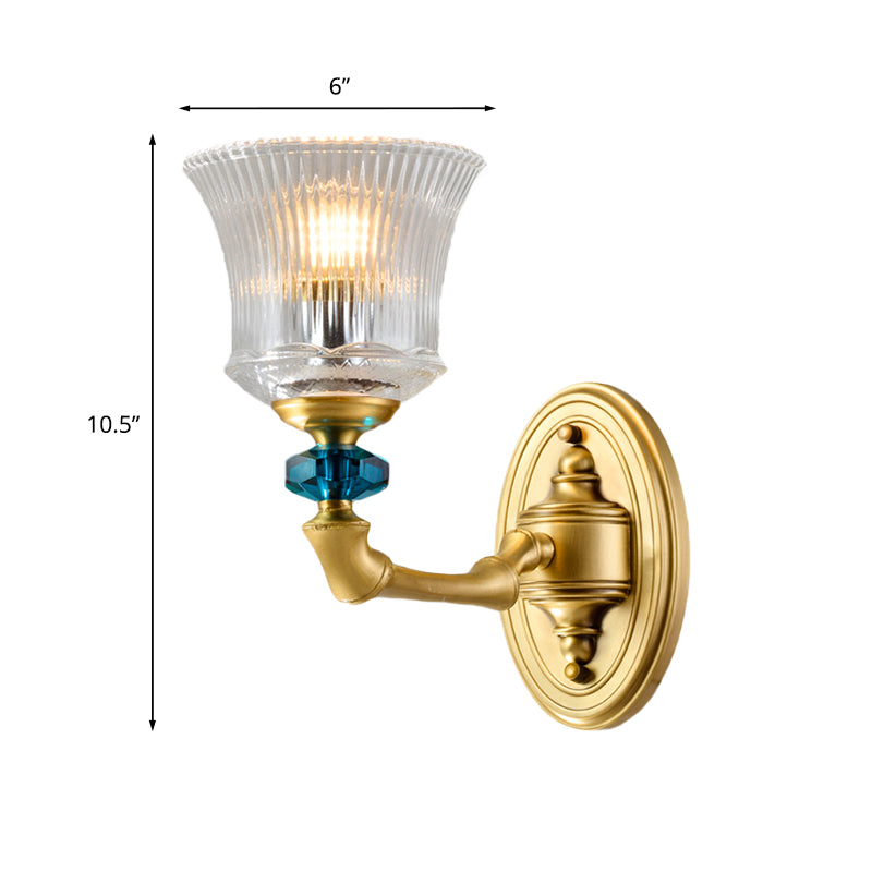 Gold Flared Wall Mount Light Classic Clear Ribbed Glass 1 Light Living Room Wall Lighting Clearhalo 'Wall Lamps & Sconces' 'Wall Lights' Lighting' 815273