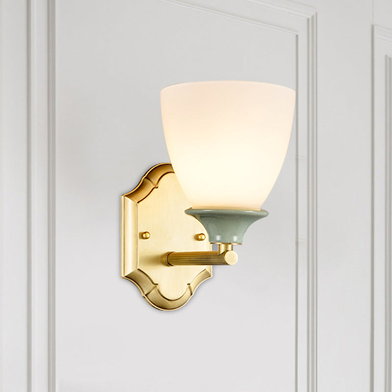 Cream Glass Gold Wall Lamp Bud 1 Bulb Traditionalist Wall Light Fixture with Straight Arm Gold Clearhalo 'Wall Lamps & Sconces' 'Wall Lights' Lighting' 815274