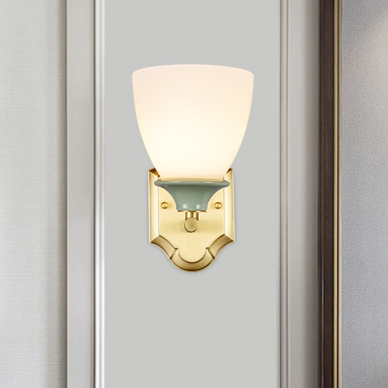 Cream Glass Gold Wall Lamp Bud 1 Bulb Traditionalist Wall Light Fixture with Straight Arm Clearhalo 'Wall Lamps & Sconces' 'Wall Lights' Lighting' 815275