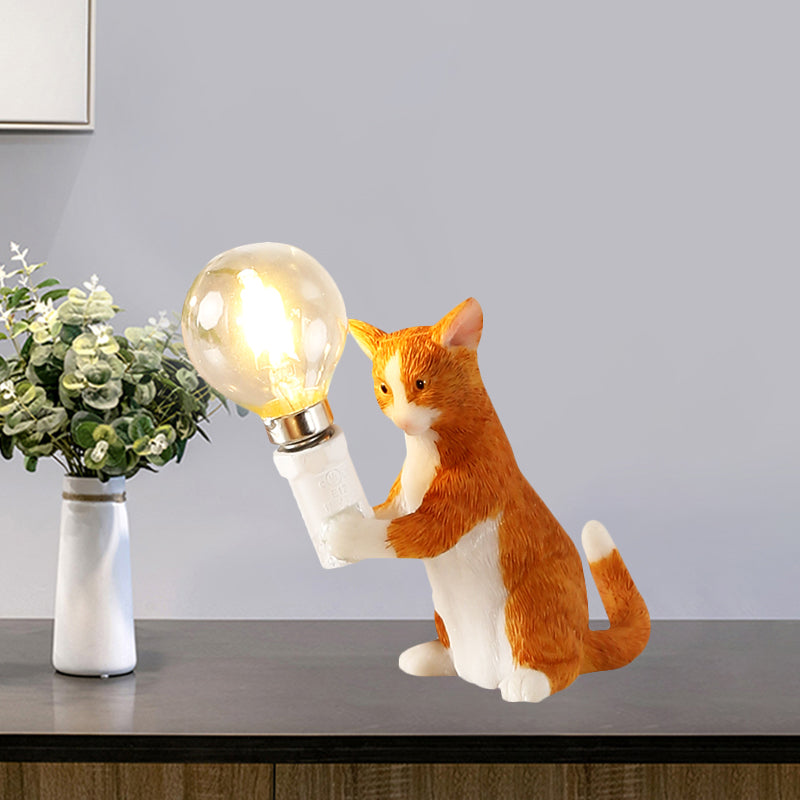Tabby Cat Holder Table Lamp Kids Iron 1 Bulb Black/Yellow/Blue Nightstand Light with Bare Bulb Design Clearhalo 'Lamps' 'Table Lamps' Lighting' 815328