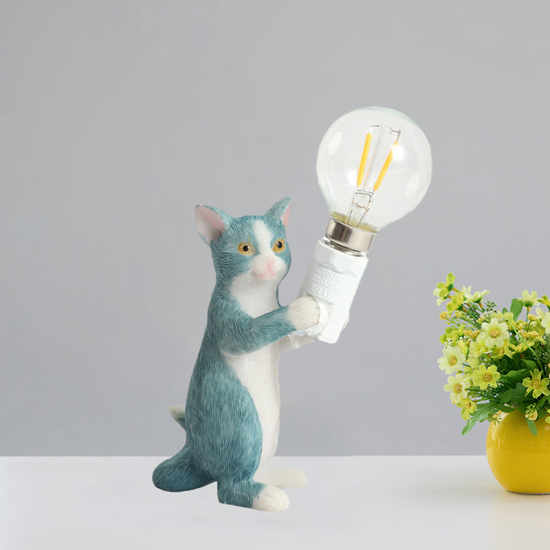 Tabby Cat Holder Table Lamp Kids Iron 1 Bulb Black/Yellow/Blue Nightstand Light with Bare Bulb Design Clearhalo 'Lamps' 'Table Lamps' Lighting' 815337