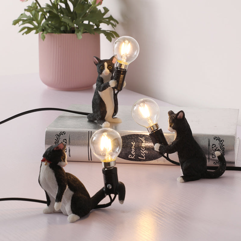Tabby Cat Holder Table Lamp Kids Iron 1 Bulb Black/Yellow/Blue Nightstand Light with Bare Bulb Design Black C Clearhalo 'Lamps' 'Table Lamps' Lighting' 815344