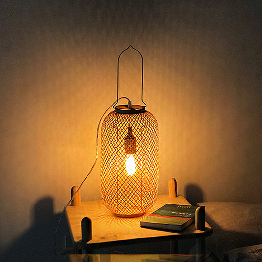 Asia-Style 1-Head Night Table Light Flaxen Cylinder Cage Nightstand Lamp with Bamboo Rattan Shade Flaxen Clearhalo 'Lamps' 'Table Lamps' Lighting' 815368