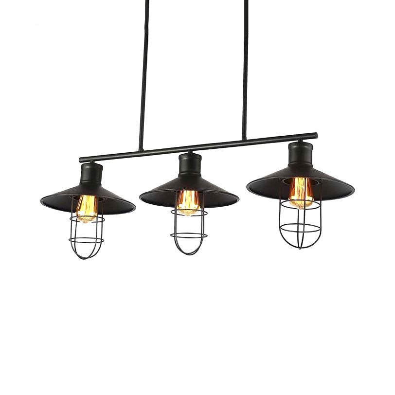 Nautical Saucer Island Lighting 2/3 Heads Metallic Pendant Lamp with Wire Cage Shade in Black over Table Clearhalo 'Ceiling Lights' 'Island Lights' Lighting' 8154