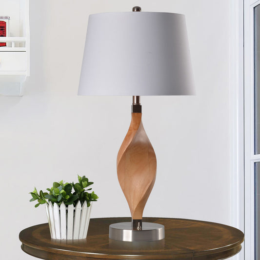 Spiral Wood Panel Table Lighting Modernism 1-Bulb Beige Night Lamp with White Fabric Shade White Clearhalo 'Lamps' 'Table Lamps' Lighting' 815400
