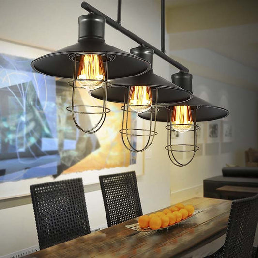 Nautical Saucer Island Lighting 2/3 Heads Metallic Pendant Lamp with Wire Cage Shade in Black over Table 3 Black Clearhalo 'Ceiling Lights' 'Island Lights' Lighting' 8155