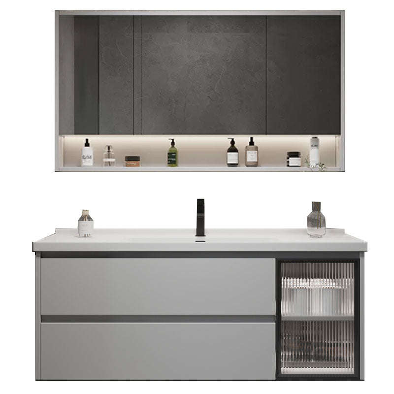 Wall Mounted Bathroom Vanity Set Mirror Wood Frame 2 Drawers Single Sink in Grey Clearhalo 'Bathroom Remodel & Bathroom Fixtures' 'Bathroom Vanities' 'bathroom_vanities' 'Home Improvement' 'home_improvement' 'home_improvement_bathroom_vanities' 8156479