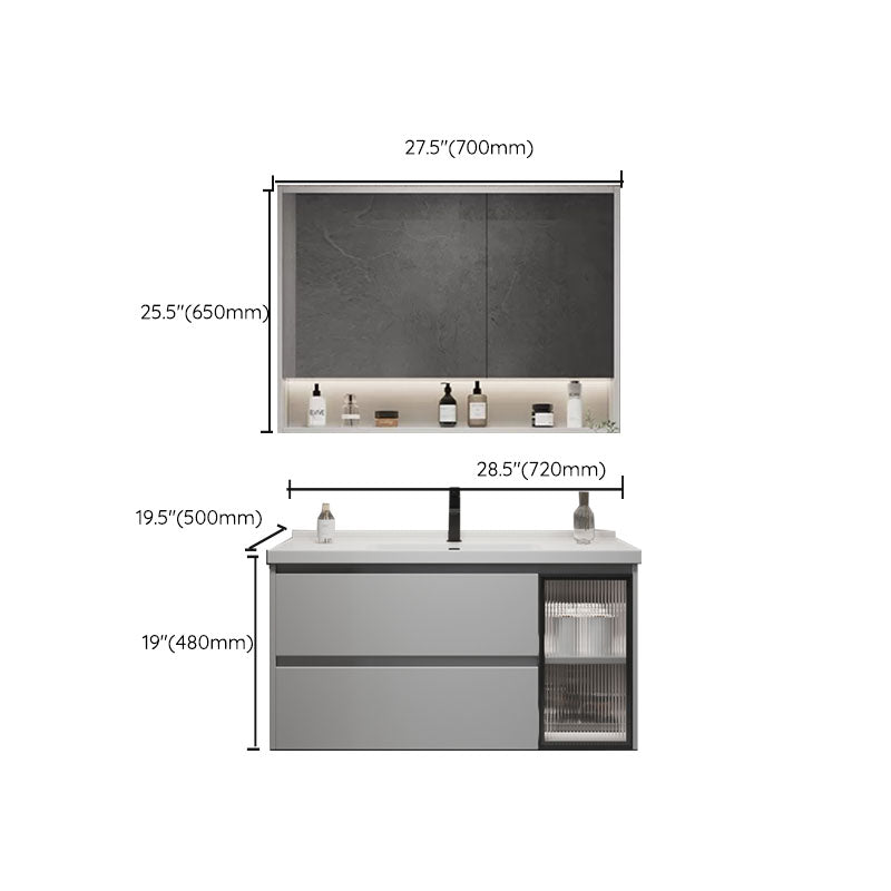 Wall Mounted Bathroom Vanity Set Mirror Wood Frame 2 Drawers Single Sink in Grey Clearhalo 'Bathroom Remodel & Bathroom Fixtures' 'Bathroom Vanities' 'bathroom_vanities' 'Home Improvement' 'home_improvement' 'home_improvement_bathroom_vanities' 8156484