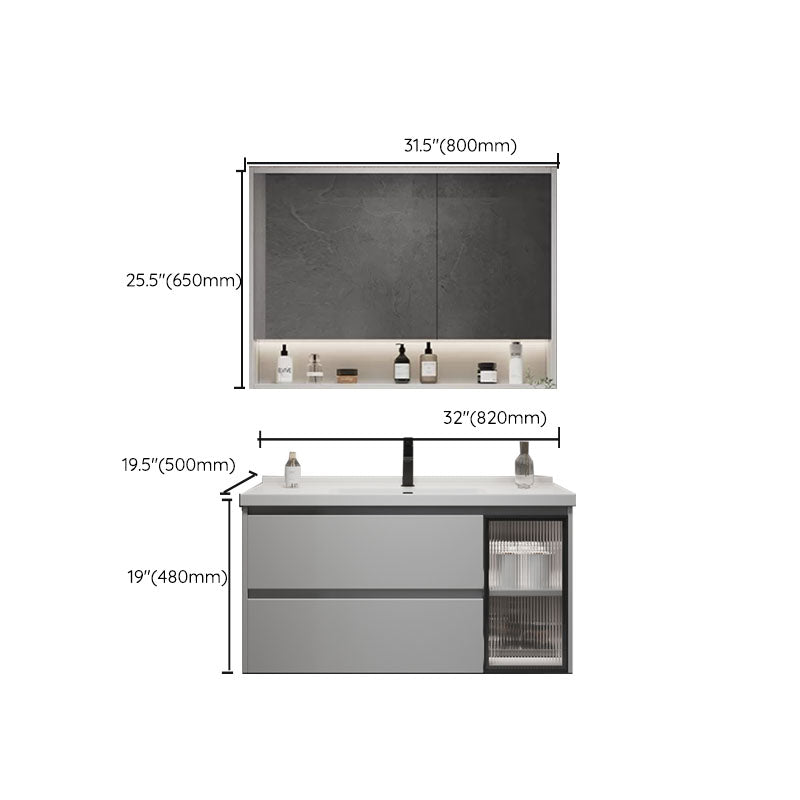 Wall Mounted Bathroom Vanity Set Mirror Wood Frame 2 Drawers Single Sink in Grey Clearhalo 'Bathroom Remodel & Bathroom Fixtures' 'Bathroom Vanities' 'bathroom_vanities' 'Home Improvement' 'home_improvement' 'home_improvement_bathroom_vanities' 8156485