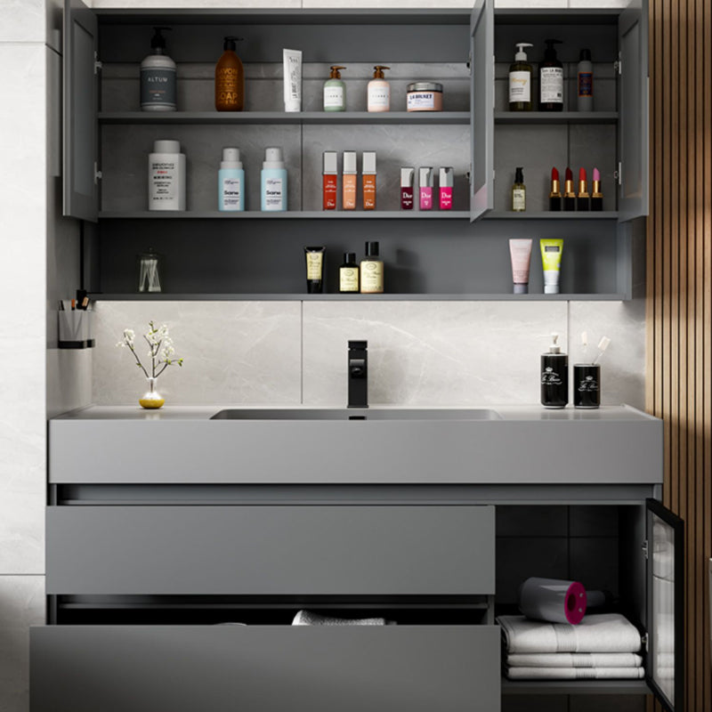 Wood Grey Wall-Mounted Modern Bathroom Vanity Set with Soft Close Door Clearhalo 'Bathroom Remodel & Bathroom Fixtures' 'Bathroom Vanities' 'bathroom_vanities' 'Home Improvement' 'home_improvement' 'home_improvement_bathroom_vanities' 8157278