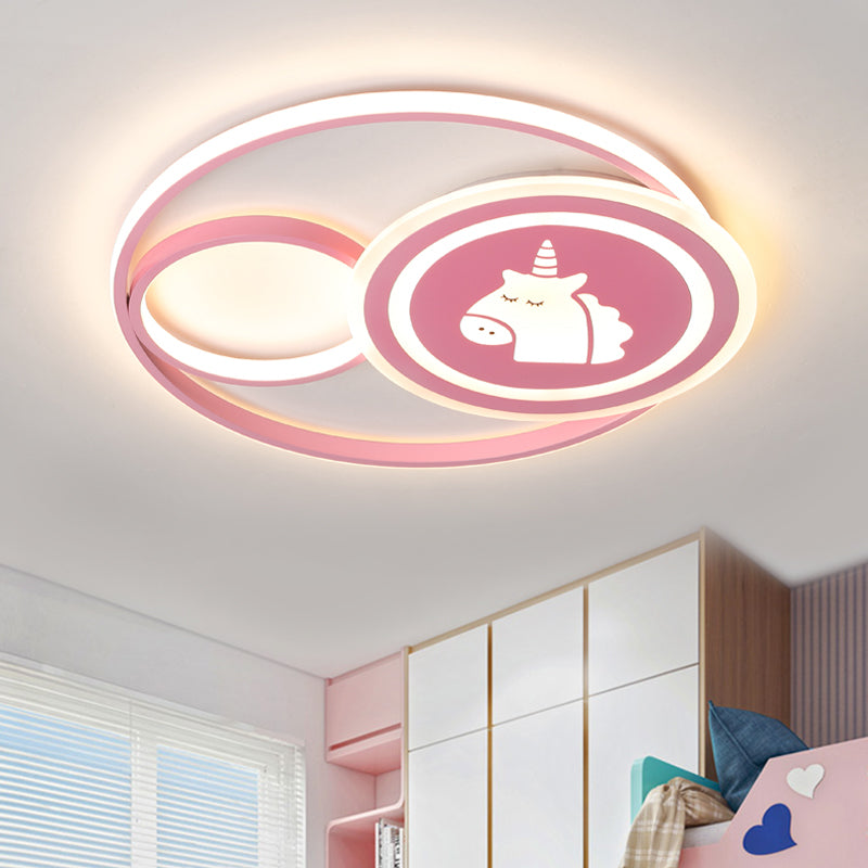 Acrylic Circle Ceiling Mounted Fixture Cartoon LED Flushmount in Pink/Green with Dinosaur/Unicorn Pattern, White/Warm Light Pink Clearhalo 'Ceiling Lights' 'Close To Ceiling Lights' 'Close to ceiling' 'Flush mount' Lighting' 816438