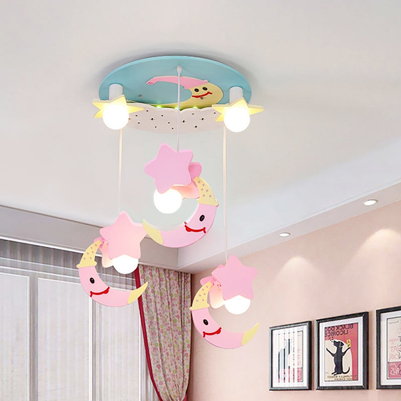 Moon and Star Wood Semi Flush Mount Cartoon 5 Lights Blue/Pink Finish Flush Ceiling Lighting Clearhalo 'Ceiling Lights' 'Close To Ceiling Lights' 'Close to ceiling' 'Semi-flushmount' Lighting' 816447