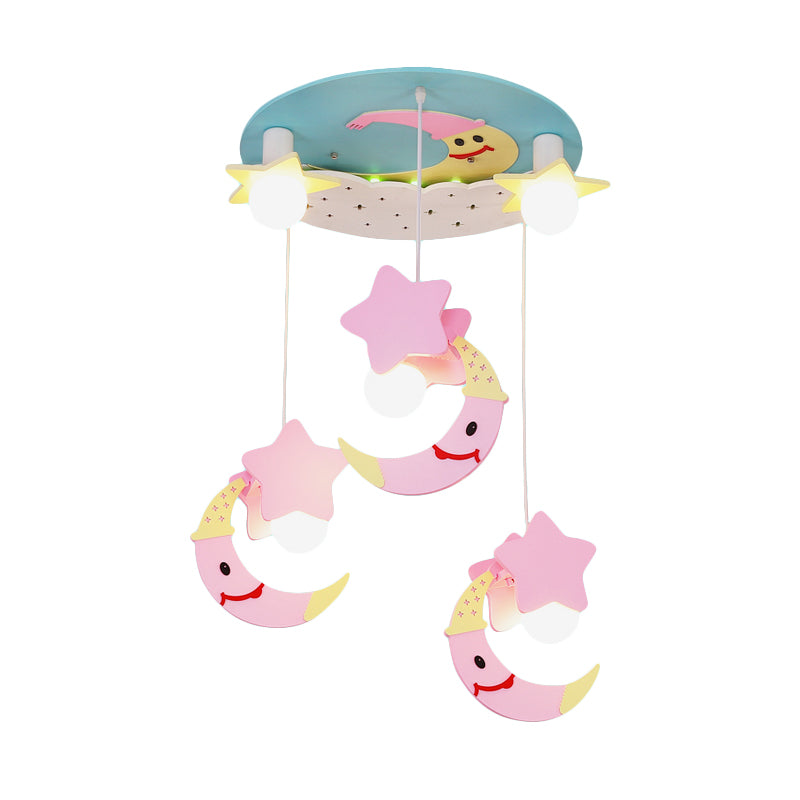 Moon and Star Wood Semi Flush Mount Cartoon 5 Lights Blue/Pink Finish Flush Ceiling Lighting Clearhalo 'Ceiling Lights' 'Close To Ceiling Lights' 'Close to ceiling' 'Semi-flushmount' Lighting' 816448