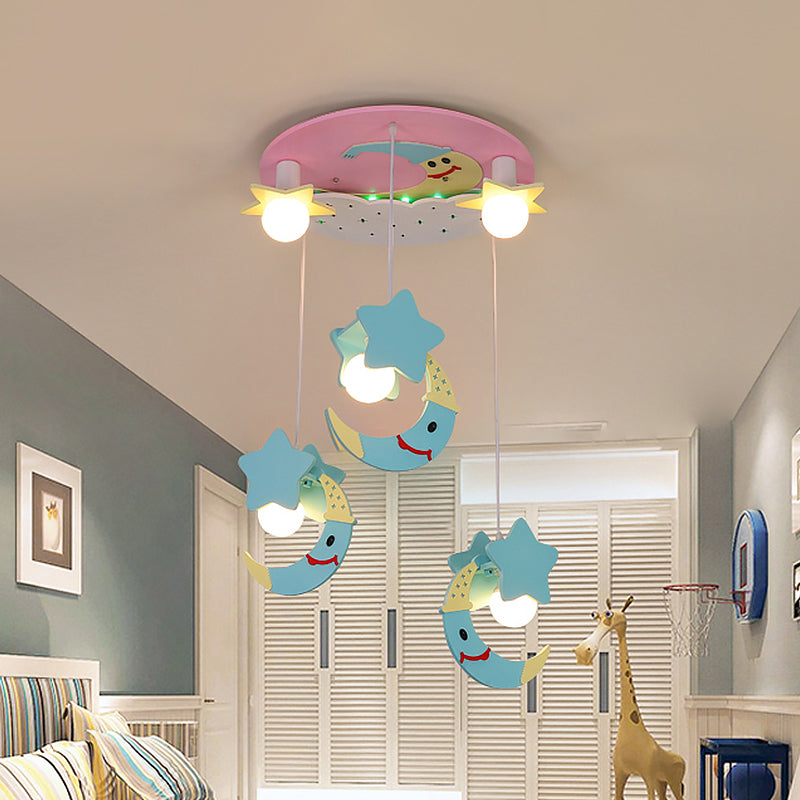 Moon and Star Wood Semi Flush Mount Cartoon 5 Lights Blue/Pink Finish Flush Ceiling Lighting Clearhalo 'Ceiling Lights' 'Close To Ceiling Lights' 'Close to ceiling' 'Semi-flushmount' Lighting' 816451