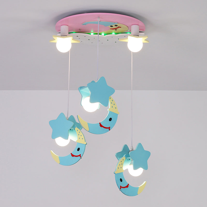 Moon and Star Wood Semi Flush Mount Cartoon 5 Lights Blue/Pink Finish Flush Ceiling Lighting Clearhalo 'Ceiling Lights' 'Close To Ceiling Lights' 'Close to ceiling' 'Semi-flushmount' Lighting' 816452