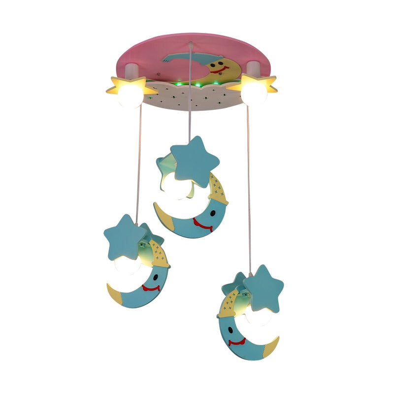 Moon and Star Wood Semi Flush Mount Cartoon 5 Lights Blue/Pink Finish Flush Ceiling Lighting Clearhalo 'Ceiling Lights' 'Close To Ceiling Lights' 'Close to ceiling' 'Semi-flushmount' Lighting' 816453