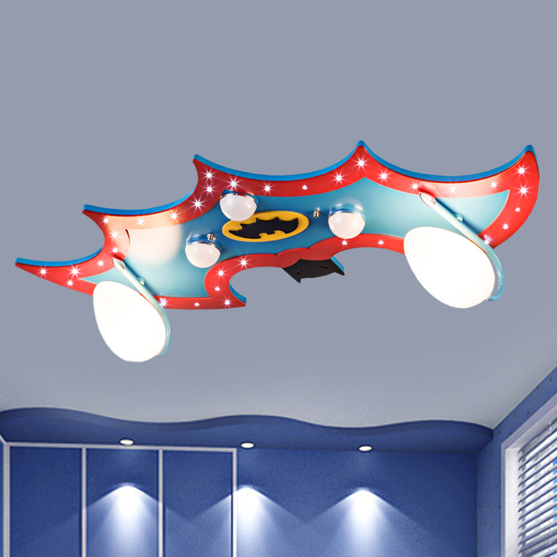 Bat-Like Kindergarten Flush Light Fixture Wood 2 Lights Cartoon Flush Mounted Ceiling Lamp in Blue and Red Blue Clearhalo 'Ceiling Lights' 'Close To Ceiling Lights' 'Close to ceiling' 'Flush mount' Lighting' 816454