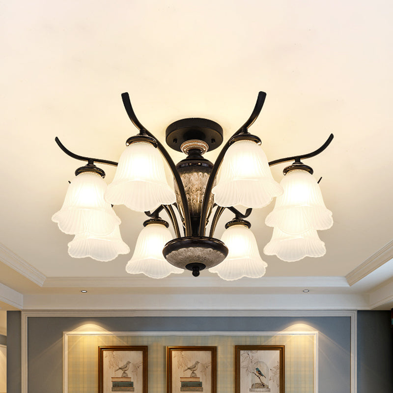 Flower White Glass Ceiling Lamp Vintage 3/6/8 Lights Dining Room Semi Flush Mount in Black 8 Black Clearhalo 'Ceiling Lights' 'Close To Ceiling Lights' 'Close to ceiling' 'Glass shade' 'Glass' 'Pendant Lights' 'Semi-flushmount' Lighting' 816515