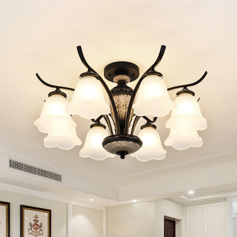 Flower White Glass Ceiling Lamp Vintage 3/6/8 Lights Dining Room Semi Flush Mount in Black Clearhalo 'Ceiling Lights' 'Close To Ceiling Lights' 'Close to ceiling' 'Glass shade' 'Glass' 'Pendant Lights' 'Semi-flushmount' Lighting' 816516