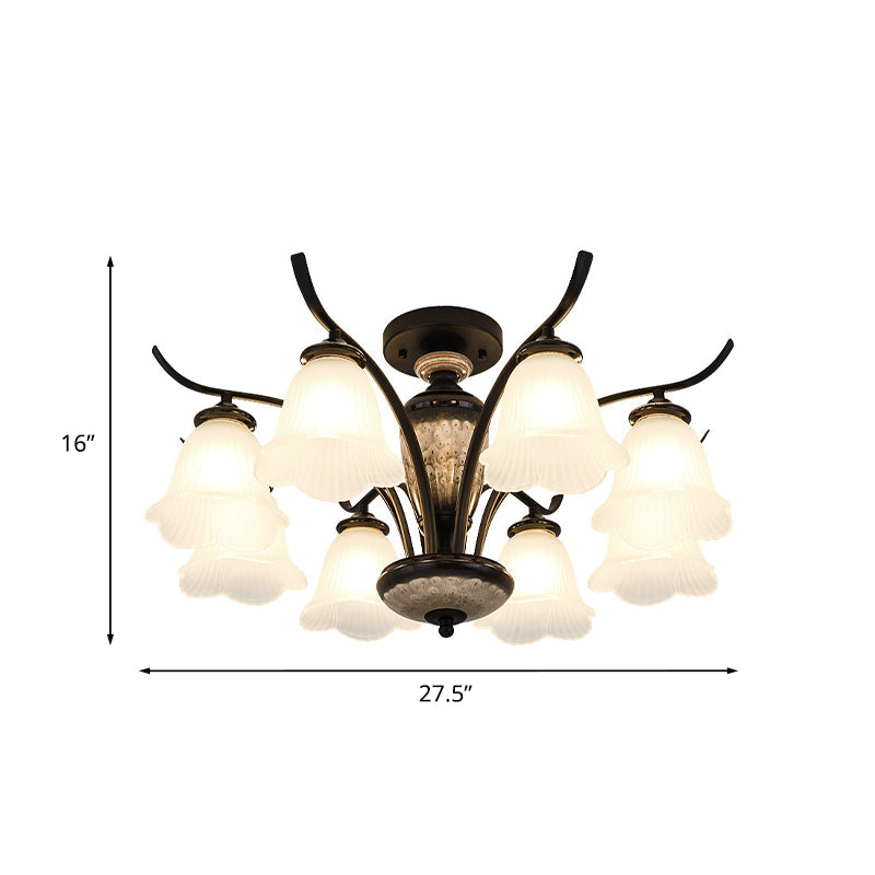 Flower White Glass Ceiling Lamp Vintage 3/6/8 Lights Dining Room Semi Flush Mount in Black Clearhalo 'Ceiling Lights' 'Close To Ceiling Lights' 'Close to ceiling' 'Glass shade' 'Glass' 'Pendant Lights' 'Semi-flushmount' Lighting' 816518