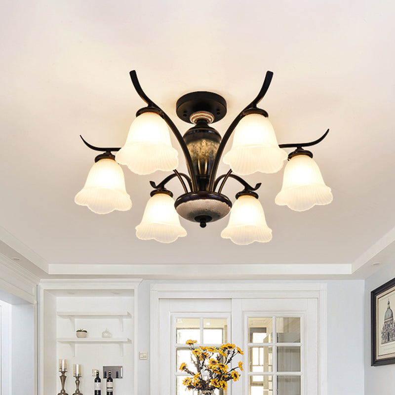 Flower White Glass Ceiling Lamp Vintage 3/6/8 Lights Dining Room Semi Flush Mount in Black 6 Black Clearhalo 'Ceiling Lights' 'Close To Ceiling Lights' 'Close to ceiling' 'Glass shade' 'Glass' 'Pendant Lights' 'Semi-flushmount' Lighting' 816519