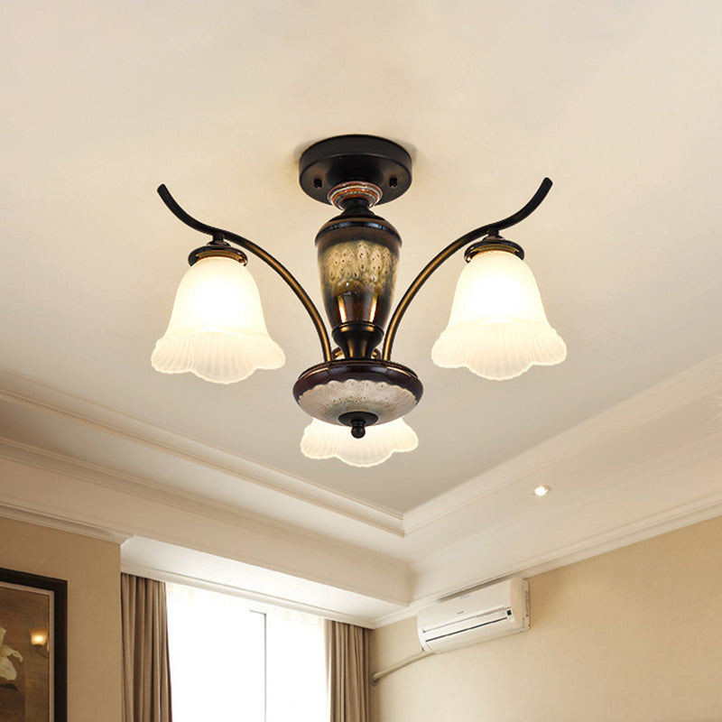 Flower White Glass Ceiling Lamp Vintage 3/6/8 Lights Dining Room Semi Flush Mount in Black Clearhalo 'Ceiling Lights' 'Close To Ceiling Lights' 'Close to ceiling' 'Glass shade' 'Glass' 'Pendant Lights' 'Semi-flushmount' Lighting' 816525