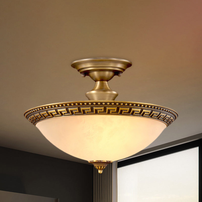 Bowl Living Room Semi Flush Traditionalist 3 Heads Brass Flush Mount Light Fixture Brass Clearhalo 'Ceiling Lights' 'Close To Ceiling Lights' 'Close to ceiling' 'Glass shade' 'Glass' 'Pendant Lights' 'Semi-flushmount' Lighting' 816529